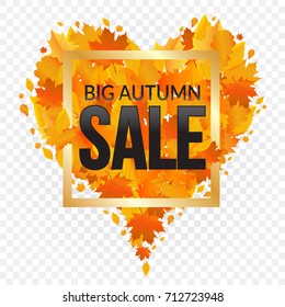 Autumn sale sign. Heart of the autumn leaves on transparent background. Vector illustration.