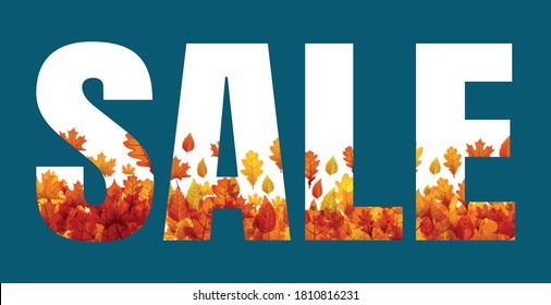 Autumn sale sign with red, orange, yellow, brown oak and maple leaves inside. Blue background. Vector illustration.