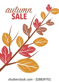 Autumn sale sign with tree branch over white background
