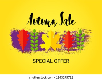 AUTUMN SALE Special Offer banner design. Fat style autumn leaves and hand drawn brush stroke. Creative lettering for seasonal sales. Vector illustration