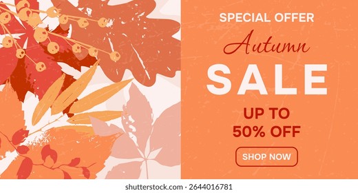 Autumn sale special offer banner with fall leaves. Promotional banner with seasonal discount for online shopping and marketing. Vector