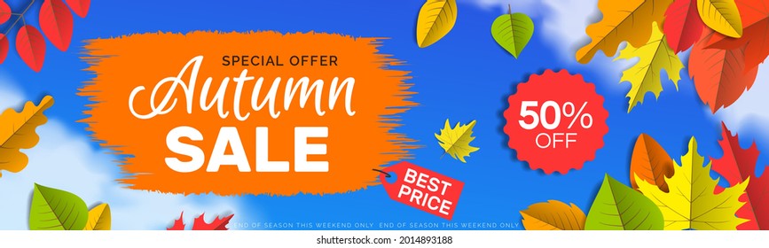 autumn sale special offer best price web banner design with leaves on blue sky background