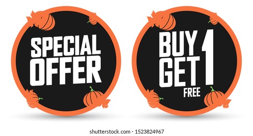 Autumn Sale, special offer, Fall discount tag, banners design template, buy 1 get 1 free, Thanksgiving Day, app icon, vector