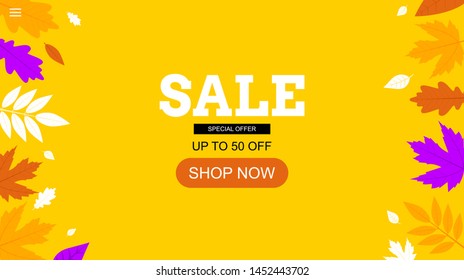 Autumn sale. Special offer. Landing page template. Modern flat  concept for web design. Vector illustration with  fall leaves. Up to 50 % off.