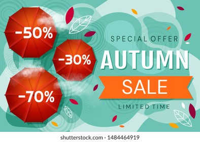 Autumn sale special offer modern advertisement with umbrellas and leaves announcing 30 , 50 and 70 percent discounts at the prices