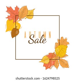 Autumn sale square frame banner vector illustration. Squared frame with autumnal leaves on background. Fall sale squares banner design template with framed foliage.