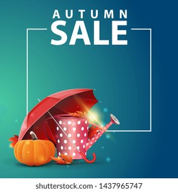 Autumn sale, square web banner for your website with garden watering can, umbrella and ripe pumpkin