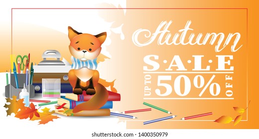  Autumn sale, stylish horizontal banner for your site with a modern design, with stationery, books, pencils and a toy fox.
			                   