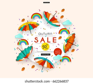 Autumn Sale Stylized multicolored umbrellas, rain, leaves, clouds, rainbow, confetti Abstract background for advertising, banners, posters, flyers, leaflets, signboards Vector illustration