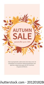 Autumn sale. Suitable for marketing promotions, social networks stories, post and web internet ads. Vector illustration.