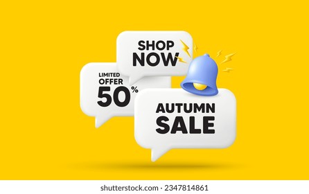 Etiqueta de venta de otoño. 3d ofrecer burbujas de charla. Señal de precio de oferta especial. Símbolo de descuentos publicitarios. Mensaje 3d de la burbuja del discurso de la venta del otoño. Cartel de la caja de llamadas con timbre. Vector