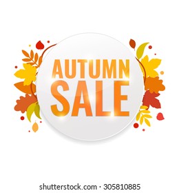 Autumn sale tag with leaves. Seasonal discount concept. Vector illustration.