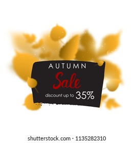 Autumn sale tag with orange blurred leaves. Abstract autumn design. Template for banner, poster, flyer. Vector illustration eps 10.