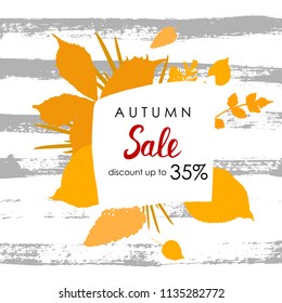 Autumn sale tag with orange leaves. Abstract autumn design. Template for banner, poster, flyer. Vector illustration eps 10.