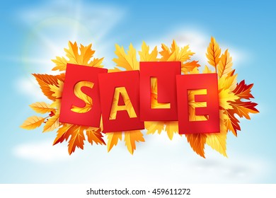 Autumn sale tags with colorful fall leaves on the blue sky background. Vector illustration