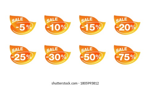 Autumn sale tags with different percentage and for seasonal offers - 5, 10, 15, 20, 25, 30, 50 and 75 percents