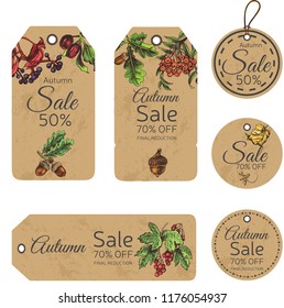 Autumn sale tags with hand drawing elements. Vector illustration sketch Holidays.