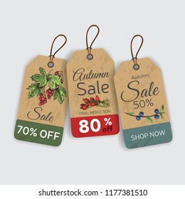 Autumn sale tags with hand drawing elements. Vector illustration sketch Holidays.