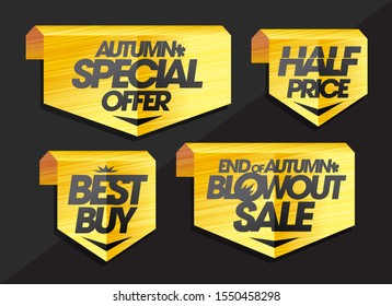 Autumn sale tags set - autumn special offer, best buy, half price, end of autumn blowout sale