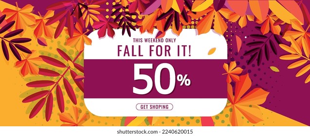 Autumn sale template. Advertising poster or banner for website. Big discounts and special offer and loyalty program. Fall season concept. Orange and red leaves. Cartoon flat vector illustration