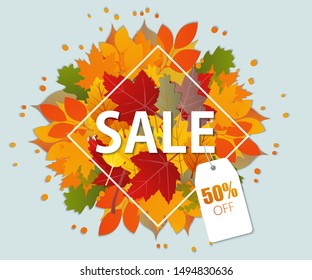 Autumn sale. Template with bright fall leaves. Poster, card, label, banner design. Bright background. Vector illustration