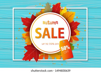 Autumn sale. Template with bright fall leaves. Poster, card, label, banner design. Bright background. Vector illustration