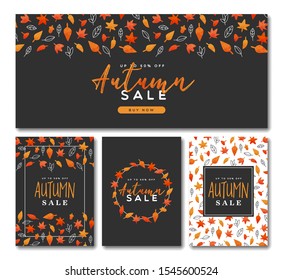 Autumn sale template collection for special fall season business promotion or thanksgiving price discount. Hand drawn watercolor leaf background set.