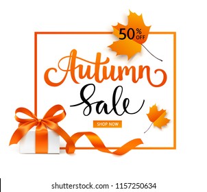 Autumn Sale template design. Lettering with gift box and red maple leaves.Vector illustration