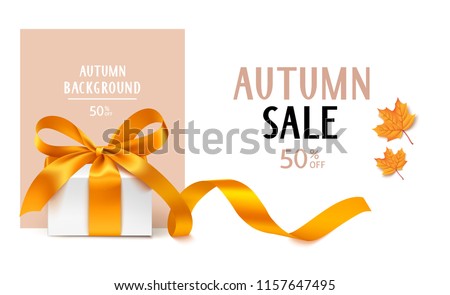 Autumn Sale template design. Vector background with gift box, golden bow with long ribbon and yellow maple leaves