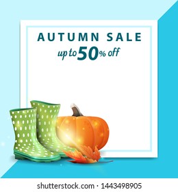 Autumn sale, template for discount banner in the form of a sheet of paper with rubber boots and pumpkin