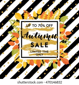 Autumn sale template. Fall background with autumn leaves, lettering on striped background. Card, flyer, poster vector concept.
