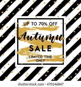 Autumn sale template. Fall background with autumn lettering on striped background. Card, flyer, poster vector concept.