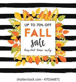 Autumn sale template. Fall background with autumn leaves, lettering on striped background. Card, flyer, poster vector concept.