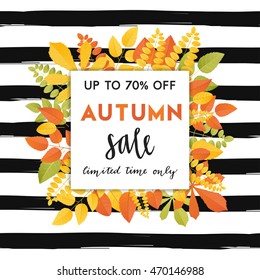 Autumn sale template. Fall background with autumn leaves, lettering on striped background. Card, flyer, poster vector concept.