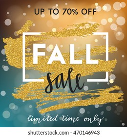 Autumn sale template. Fall blurred background with lettering on gold textured splash. Card, flyer, poster vector concept.