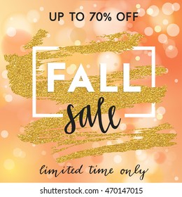 Autumn sale template. Fall blurred background with lettering on gold textured splash. Card, flyer, poster vector concept.