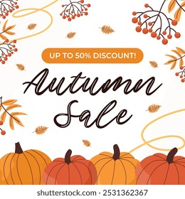 Autumn sale template with fall elements - pumpkins, leaves, rowan for promoting up to 50% off discounts on white background. Cute template in seasonal special offer concept. For sale banners.