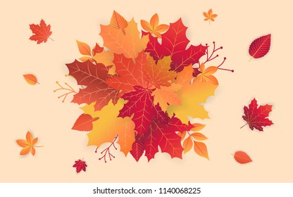 Autumn sale template with fall leaves. Background for shopping sale web banner, label, promo Poster template. Vector illustration style