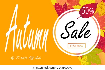 Autumn sale template with fall leaves. Background for shopping sale web banner, label, promo Poster template. Vector illustration style