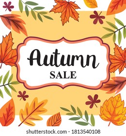 Autumn sale template with leaves, vector illustration