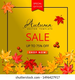 Autumn sale template with maple leaves. Special offer social network square layout yellow background