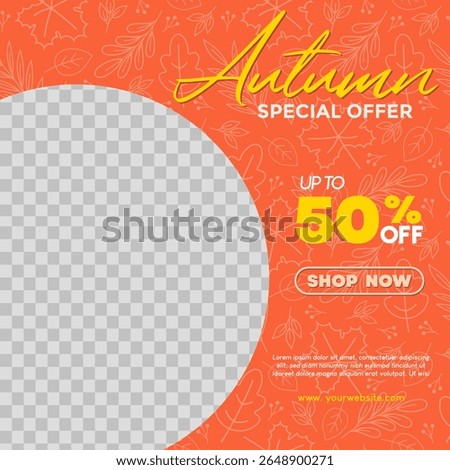 Autumn sale template with orange autumn leaves pattern and image placement on the left. Vector illustration autumn special offer template for social media promotion.