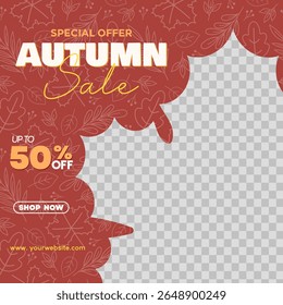 Autumn sale template with red autumn leaves pattern and leaf shaped image placement on the right. Vector illustration autumn special offer template for social media promotion.