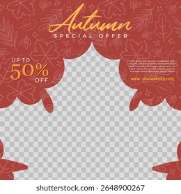 Autumn sale template with red autumn leaves pattern and leaf shaped image placement. Vector illustration autumn special offer template for social media promotion.