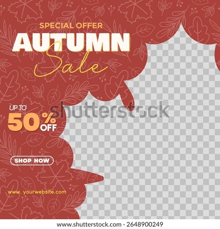 Autumn sale template with red autumn leaves pattern and leaf shaped image placement on the right. Vector illustration autumn special offer template for social media promotion.