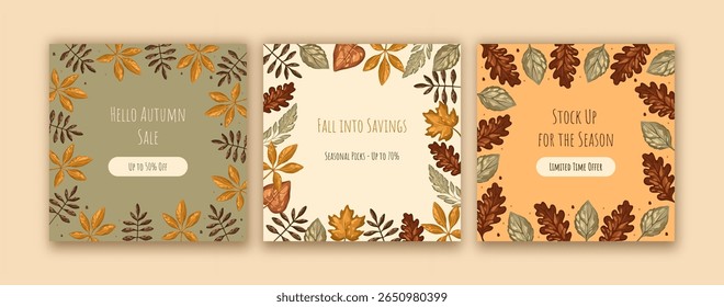 Autumn Sale Template for Social Media with Fall leaves. Vector.