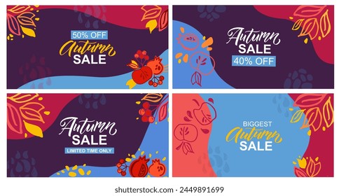 Autumn sale templates lettering typography vector or illustration. Autumn icon, and badge or poster, banner with signature. Apple, leaves, pomergranate. Autumn template for postcard, invitation, card.