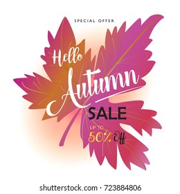 Autumn sale text banner for October shopping promo coupon - up to 50% off autumnal shop discount. Vector fall maple leaf foliage gift card, discount design Sales poster leaflet, web banner template