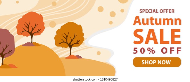 Autumn sale text banners for September shopping promo or autumnal shop discount. Vector maple and oak acorn leaf foliage, mushroom and berry for discount design of leaflet or web banner