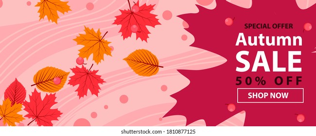 Autumn sale text banners for September shopping promo or autumnal shop discount. Vector maple and oak acorn leaf foliage, mushroom and berry for discount design of leaflet or web banner